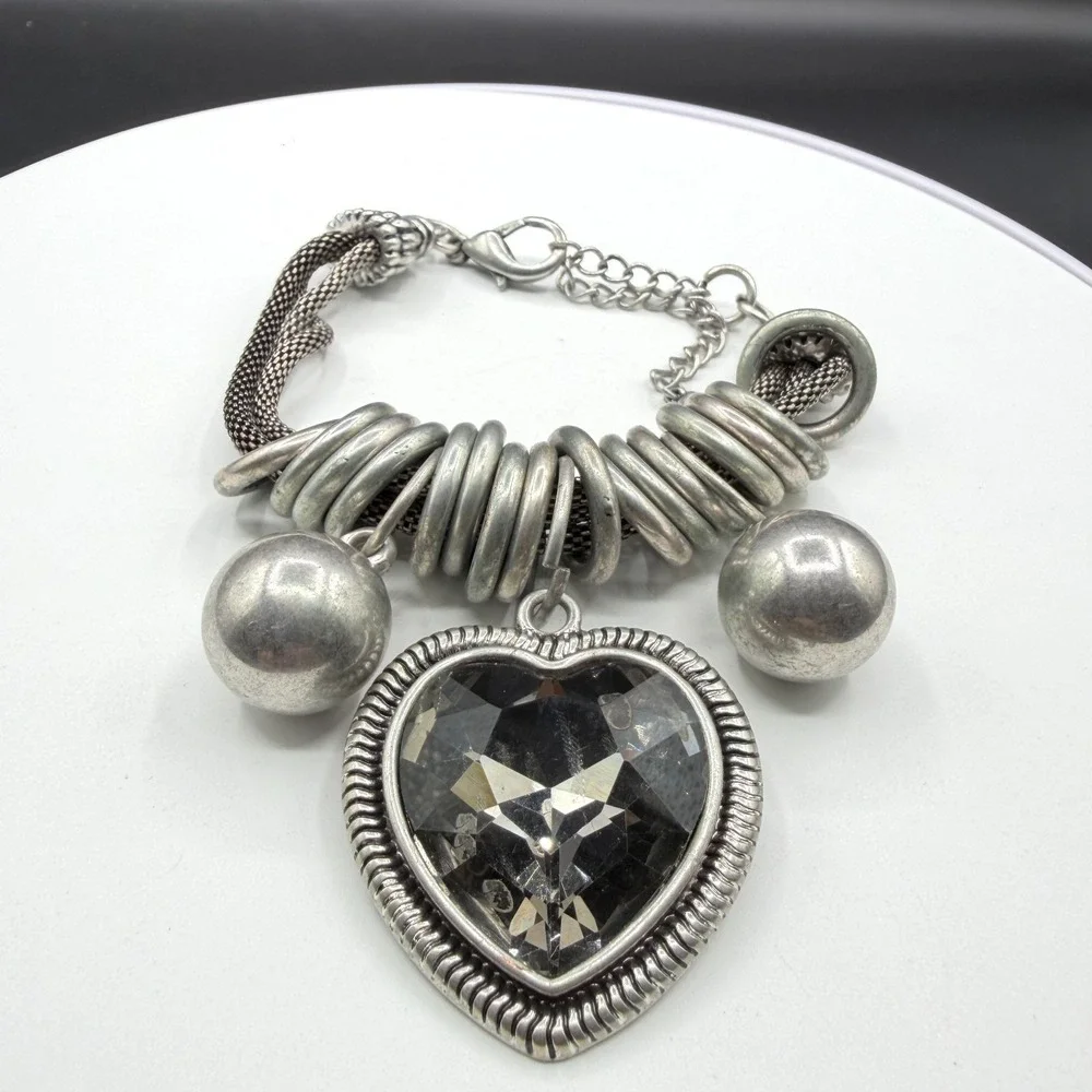 Silver Tone Mesh Bracelet Large Faceted Heart Charm Chunky Gothic Statement Gift